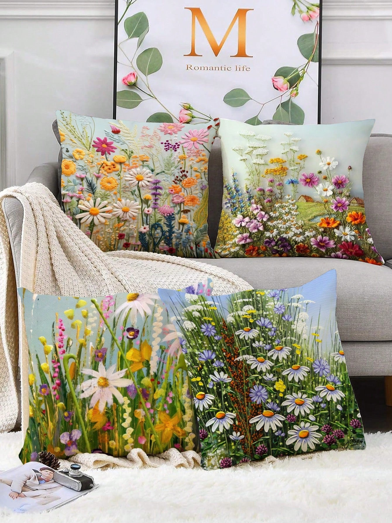 غطاء وسادة بوليستر مع نمط النباتات والزهور