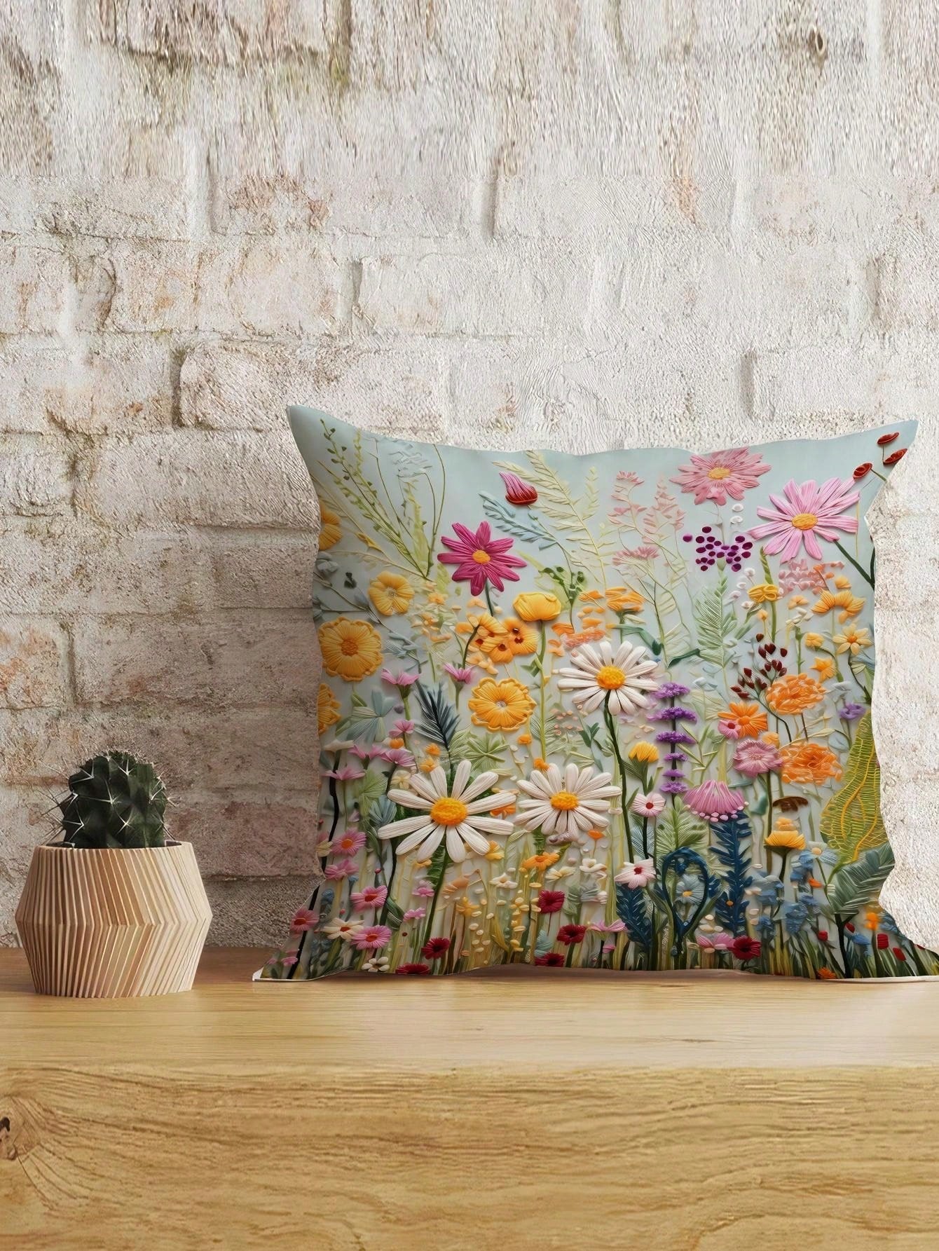 غطاء وسادة بوليستر مع نمط النباتات والزهور