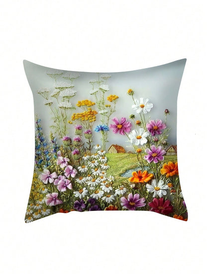غطاء وسادة بوليستر مع نمط النباتات والزهور