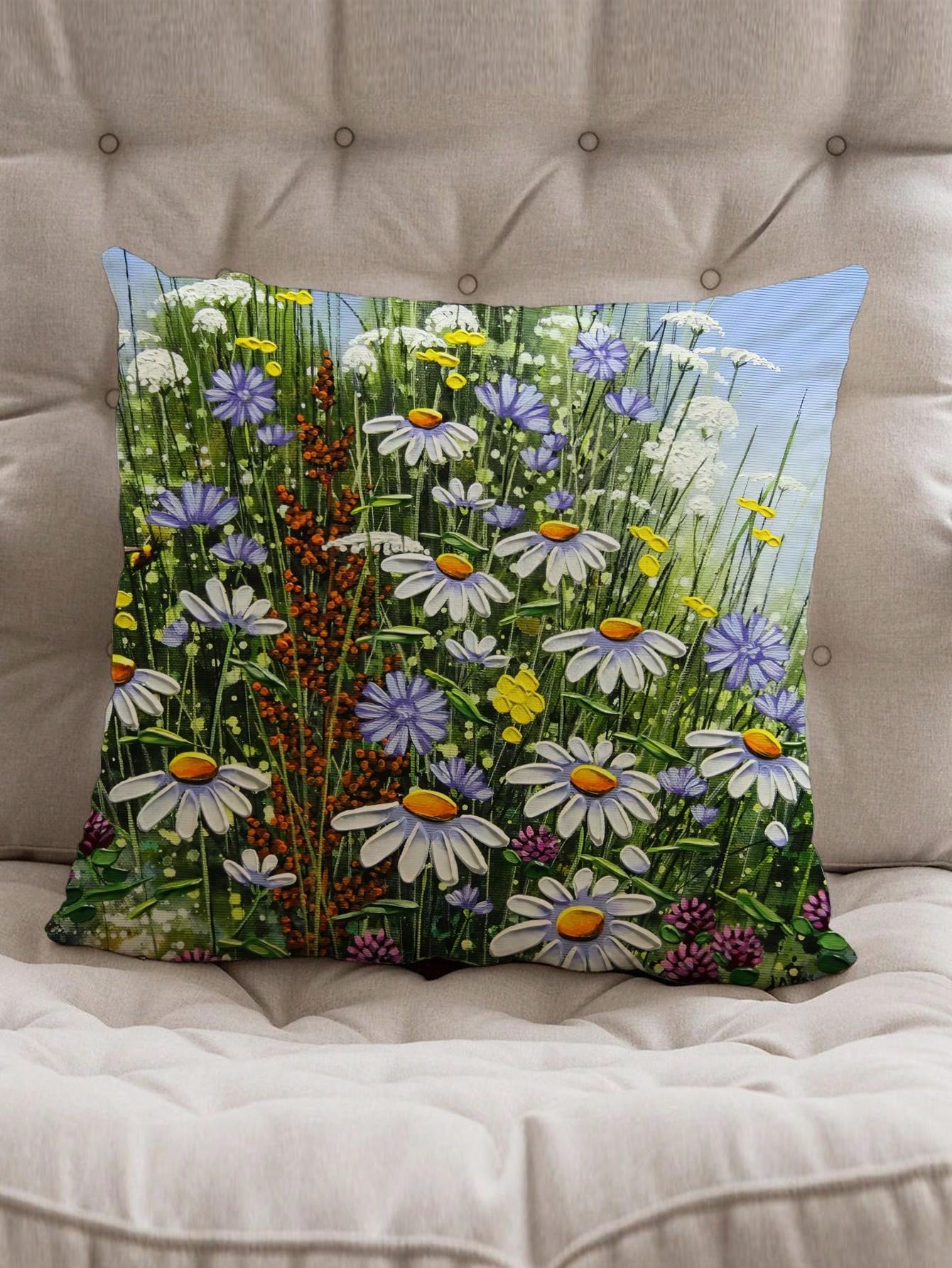 غطاء وسادة بوليستر مع نمط النباتات والزهور