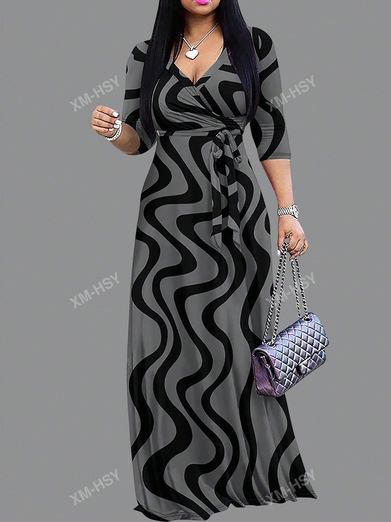 فستان كاجوال مطبوع بياقة على شكل حرف V وأكمام طويلة وخصر مربوط