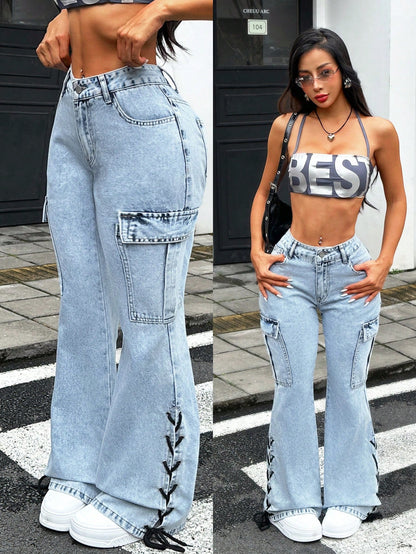 جينز نسائي واسع بجيوب للملابس اليومية العملية