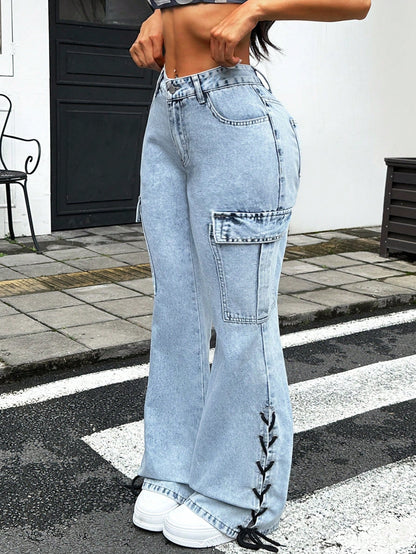 جينز نسائي واسع بجيوب للملابس اليومية العملية