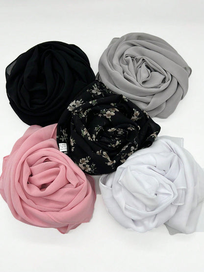 صندوق مجموعة حجاب شيفون للنساء المسلمات - 5 قطع من أوشحة الحجاب المطبوعة   قطعتين من القماش الصلب غير اللكم، فرشاة إسفنجة، رف تصريف، رف تخزين الحوض