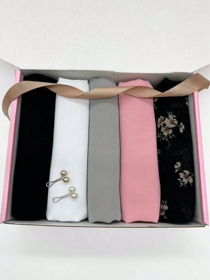 صندوق مجموعة حجاب شيفون للنساء المسلمات - 5 قطع من أوشحة الحجاب المطبوعة   قطعتين من القماش الصلب غير اللكم، فرشاة إسفنجة، رف تصريف، رف تخزين الحوض