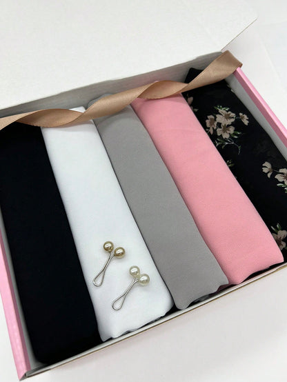 صندوق مجموعة حجاب شيفون للنساء المسلمات - 5 قطع من أوشحة الحجاب المطبوعة   قطعتين من القماش الصلب غير اللكم، فرشاة إسفنجة، رف تصريف، رف تخزين الحوض