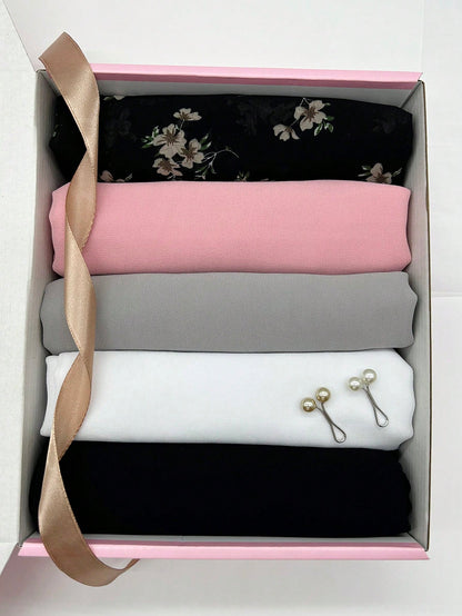 صندوق مجموعة حجاب شيفون للنساء المسلمات - 5 قطع من أوشحة الحجاب المطبوعة   قطعتين من القماش الصلب غير اللكم، فرشاة إسفنجة، رف تصريف، رف تخزين الحوض