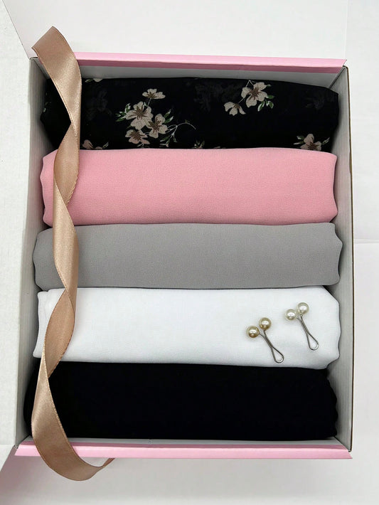 صندوق مجموعة حجاب شيفون للنساء المسلمات - 5 قطع من أوشحة الحجاب المطبوعة   قطعتين من القماش الصلب غير اللكم، فرشاة إسفنجة، رف تصريف، رف تخزين الحوض