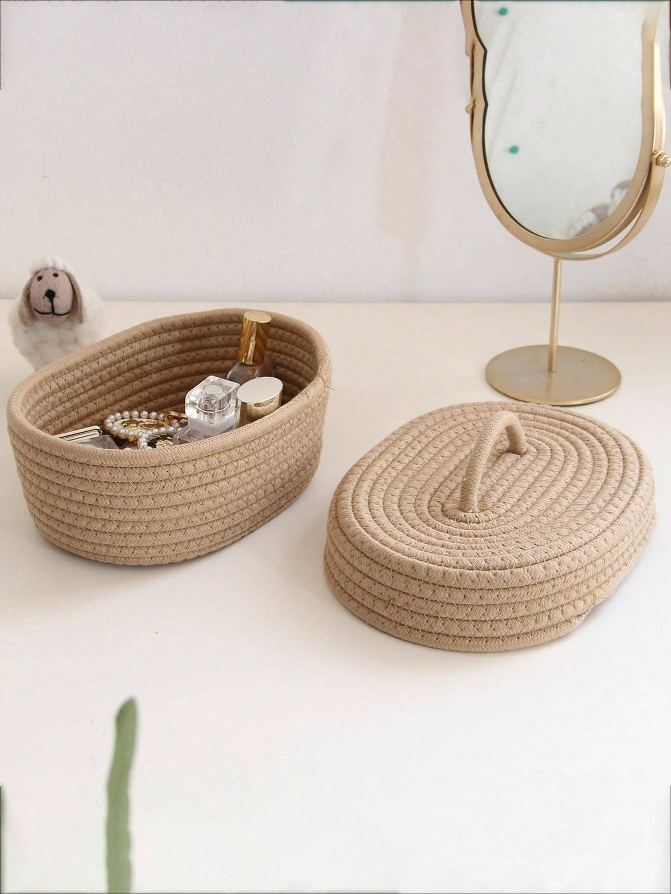 سلة تخزين خيوط مغطاة بيضاوية، صندوق تخزين مكتبي مصنوع يدويًا مُنسوج للنوم والمنضدة الجانبية