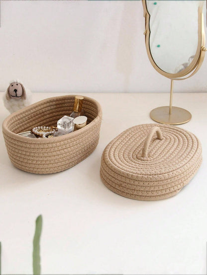 سلة تخزين خيوط مغطاة بيضاوية، صندوق تخزين مكتبي مصنوع يدويًا مُنسوج للنوم والمنضدة الجانبية