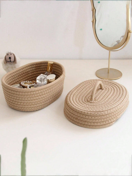 سلة تخزين خيوط مغطاة بيضاوية، صندوق تخزين مكتبي مصنوع يدويًا مُنسوج للنوم والمنضدة الجانبية