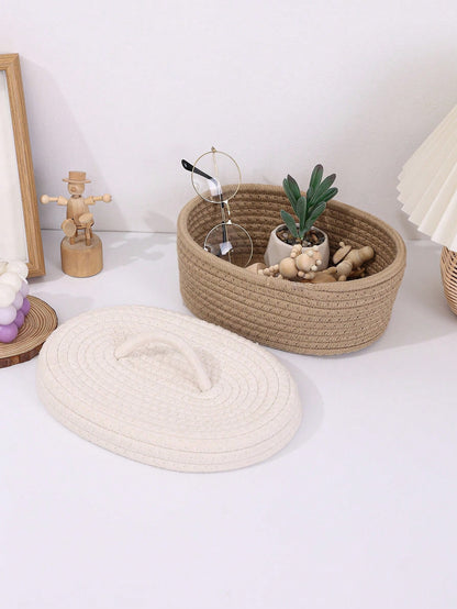 سلة تخزين خيوط مغطاة بيضاوية، صندوق تخزين مكتبي مصنوع يدويًا مُنسوج للنوم والمنضدة الجانبية