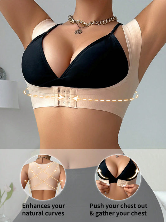 ملابس علوية تكييف الجسم النسائي الملساء ، مع إغلاق أمامي ودعم صدر ، وتصميم خلفي بشكل V ، قطعة واحدة