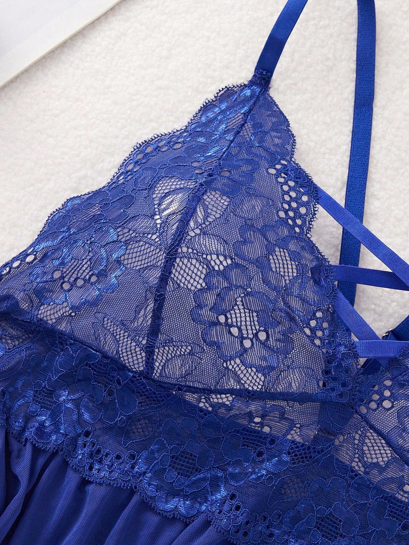 طقم لانجيري مقاس كبير للنساء، بيبي دول جريء مع حمّالات رباط خلفي ولآلئ دانتيل إثاري