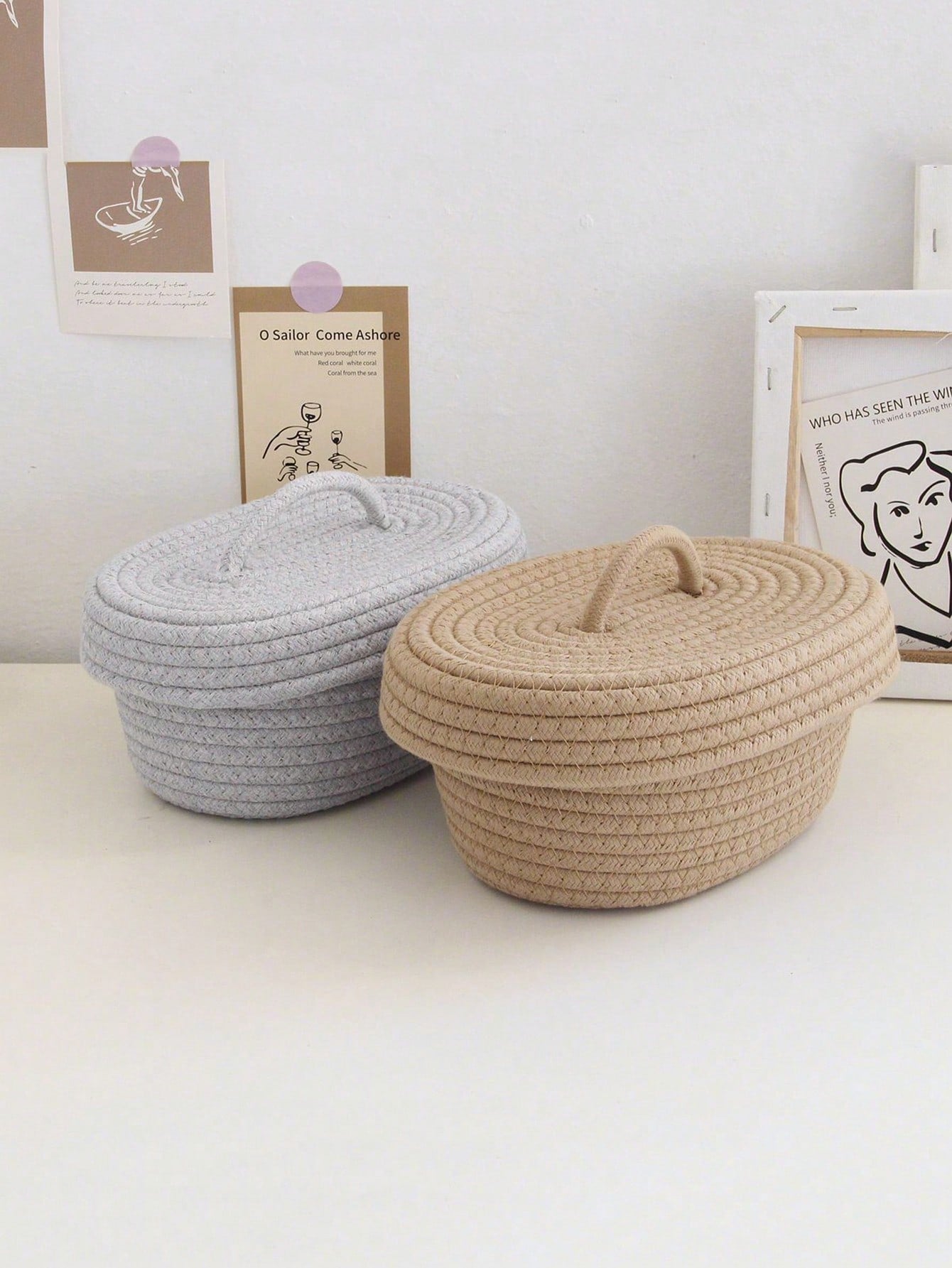 سلة تخزين خيوط مغطاة بيضاوية، صندوق تخزين مكتبي مصنوع يدويًا مُنسوج للنوم والمنضدة الجانبية