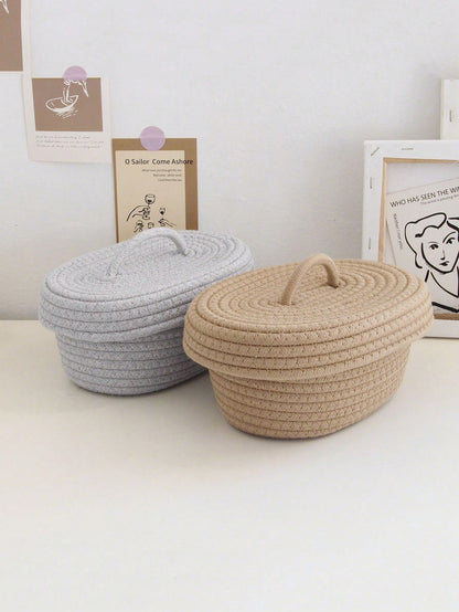 سلة تخزين خيوط مغطاة بيضاوية، صندوق تخزين مكتبي مصنوع يدويًا مُنسوج للنوم والمنضدة الجانبية