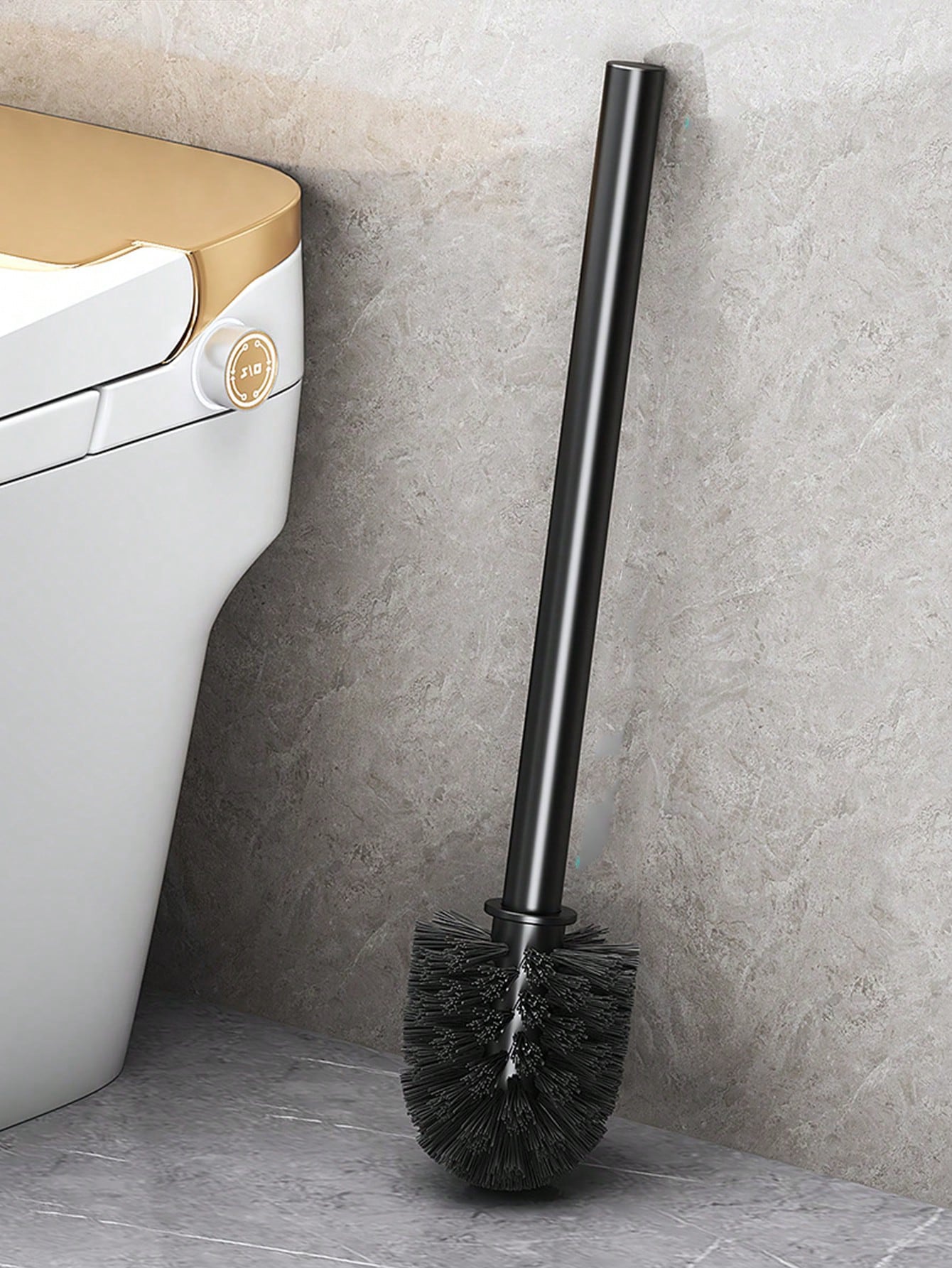 فرشاة مرحاض جدارية واحدة، من دون براغي، تنظيف الزوايا الميتة بدون زاوية يرافقه تصميم لتخزينها، تصميم مقبض ممتد، قاعدة الصرف المجوفة