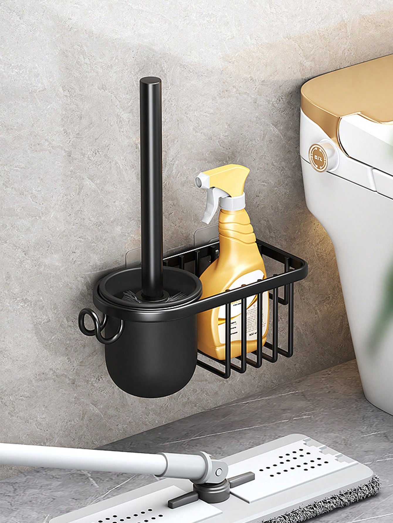 فرشاة مرحاض جدارية واحدة، من دون براغي، تنظيف الزوايا الميتة بدون زاوية يرافقه تصميم لتخزينها، تصميم مقبض ممتد، قاعدة الصرف المجوفة