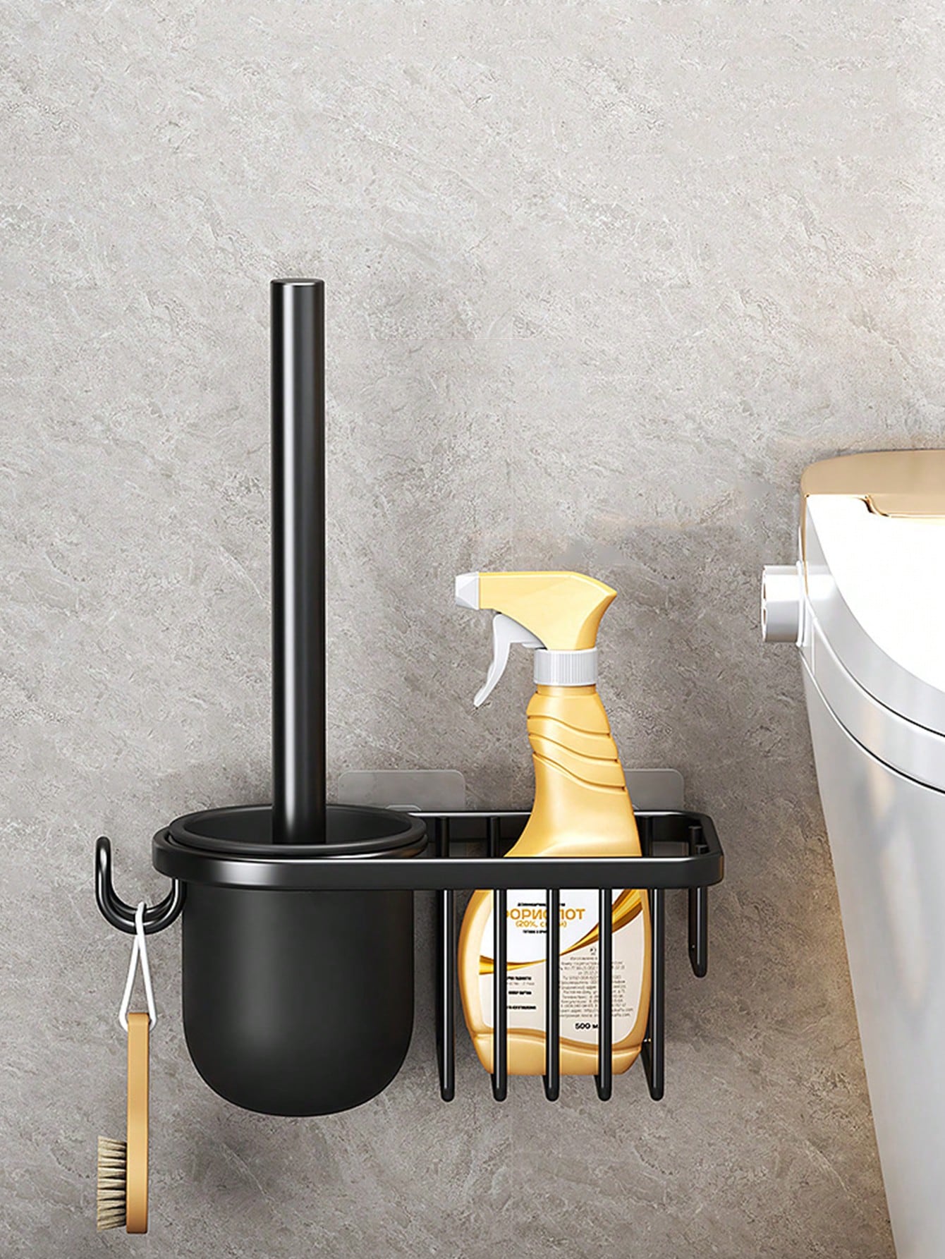 فرشاة مرحاض جدارية واحدة، من دون براغي، تنظيف الزوايا الميتة بدون زاوية يرافقه تصميم لتخزينها، تصميم مقبض ممتد، قاعدة الصرف المجوفة