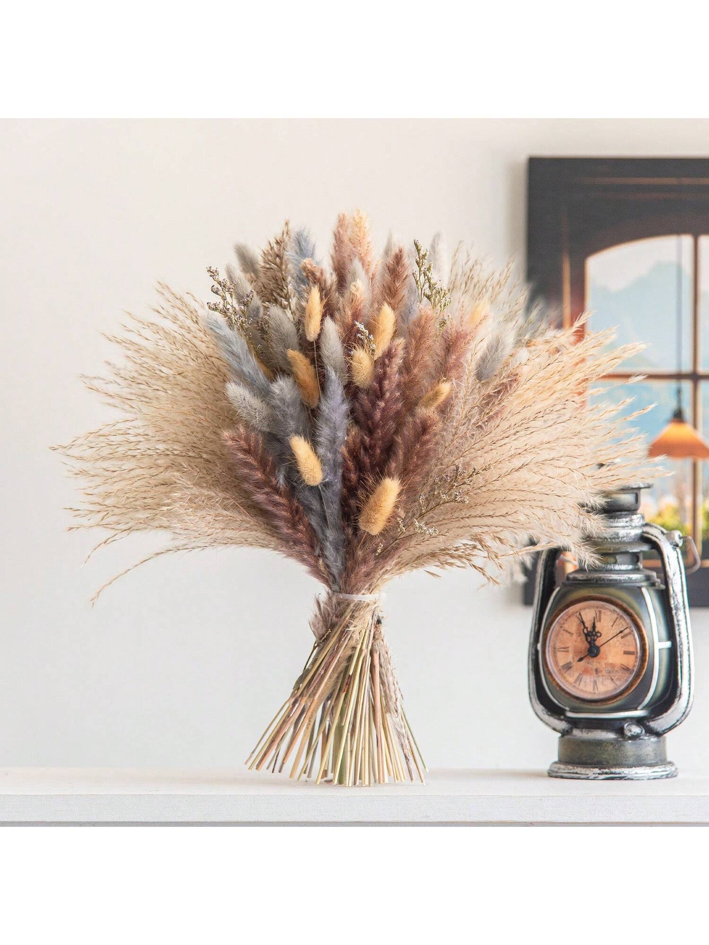 ديكور عشب بامباس رمادي مجفف عالي الجودة يتكون من 105 قطعة،