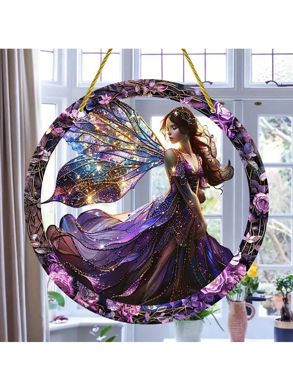 قطعة واحدة متعددة الاستخدامات من مصيدة شمس الفراشة الزقزاقية المسطحة من الأكريليك متعددة الألوان للتعليق على النافذة، بتصميم جنية وإكليل، رائعة لديكور الحديقة والمنزل والشرفة والغرفة في مناسبات الهالوين والخريف والأعياد