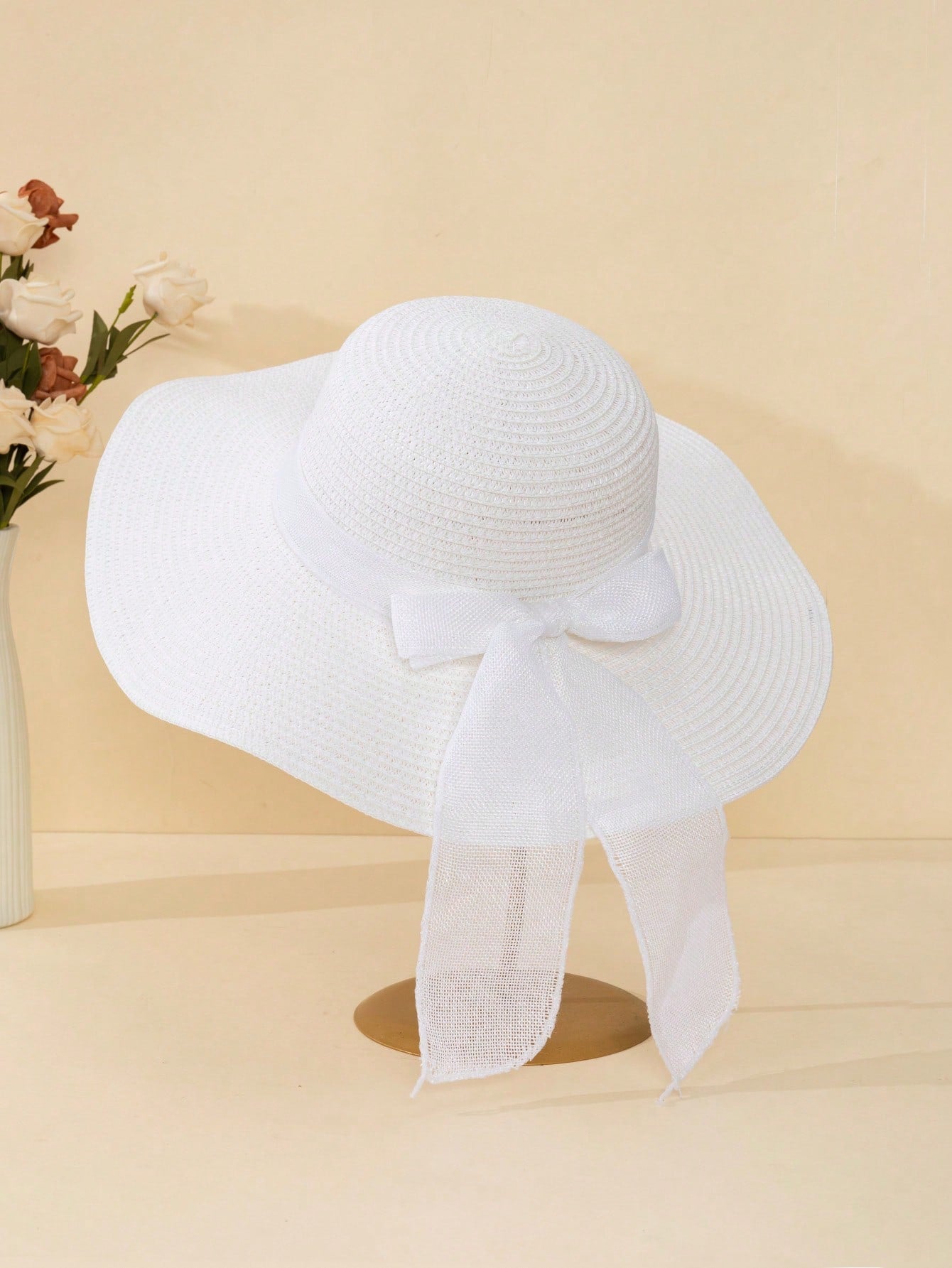 قبعة صيفية بيضاء للنساء بموجات ورديّة 1 قطعة، قبعة آنيقة لحماية الشمس في عطلة الشاطئ بعقدة مزيّنة