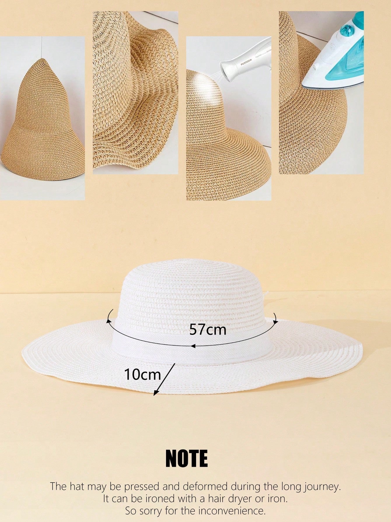 قبعة صيفية بيضاء للنساء بموجات ورديّة 1 قطعة، قبعة آنيقة لحماية الشمس في عطلة الشاطئ بعقدة مزيّنة