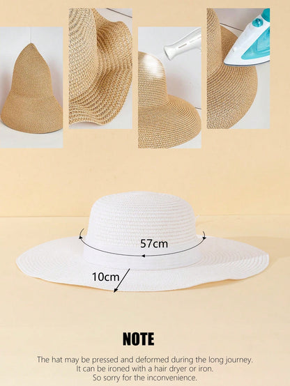 قبعة صيفية بيضاء للنساء بموجات ورديّة 1 قطعة، قبعة آنيقة لحماية الشمس في عطلة الشاطئ بعقدة مزيّنة