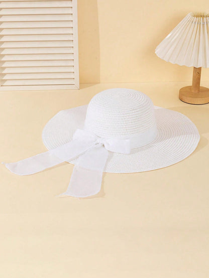 قبعة صيفية بيضاء للنساء بموجات ورديّة 1 قطعة، قبعة آنيقة لحماية الشمس في عطلة الشاطئ بعقدة مزيّنة