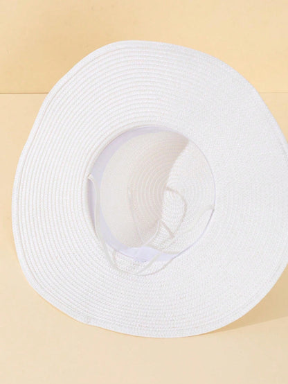 قبعة صيفية بيضاء للنساء بموجات ورديّة 1 قطعة، قبعة آنيقة لحماية الشمس في عطلة الشاطئ بعقدة مزيّنة