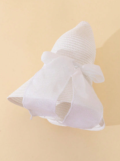 قبعة صيفية بيضاء للنساء بموجات ورديّة 1 قطعة، قبعة آنيقة لحماية الشمس في عطلة الشاطئ بعقدة مزيّنة