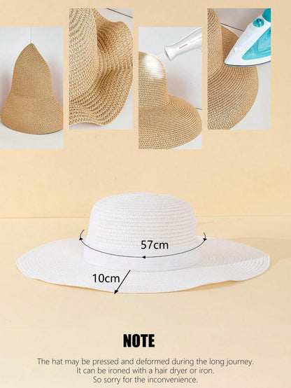 قبعة صيفية بيضاء للنساء بموجات ورديّة 1 قطعة، قبعة آنيقة لحماية الشمس في عطلة الشاطئ بعقدة مزيّنة