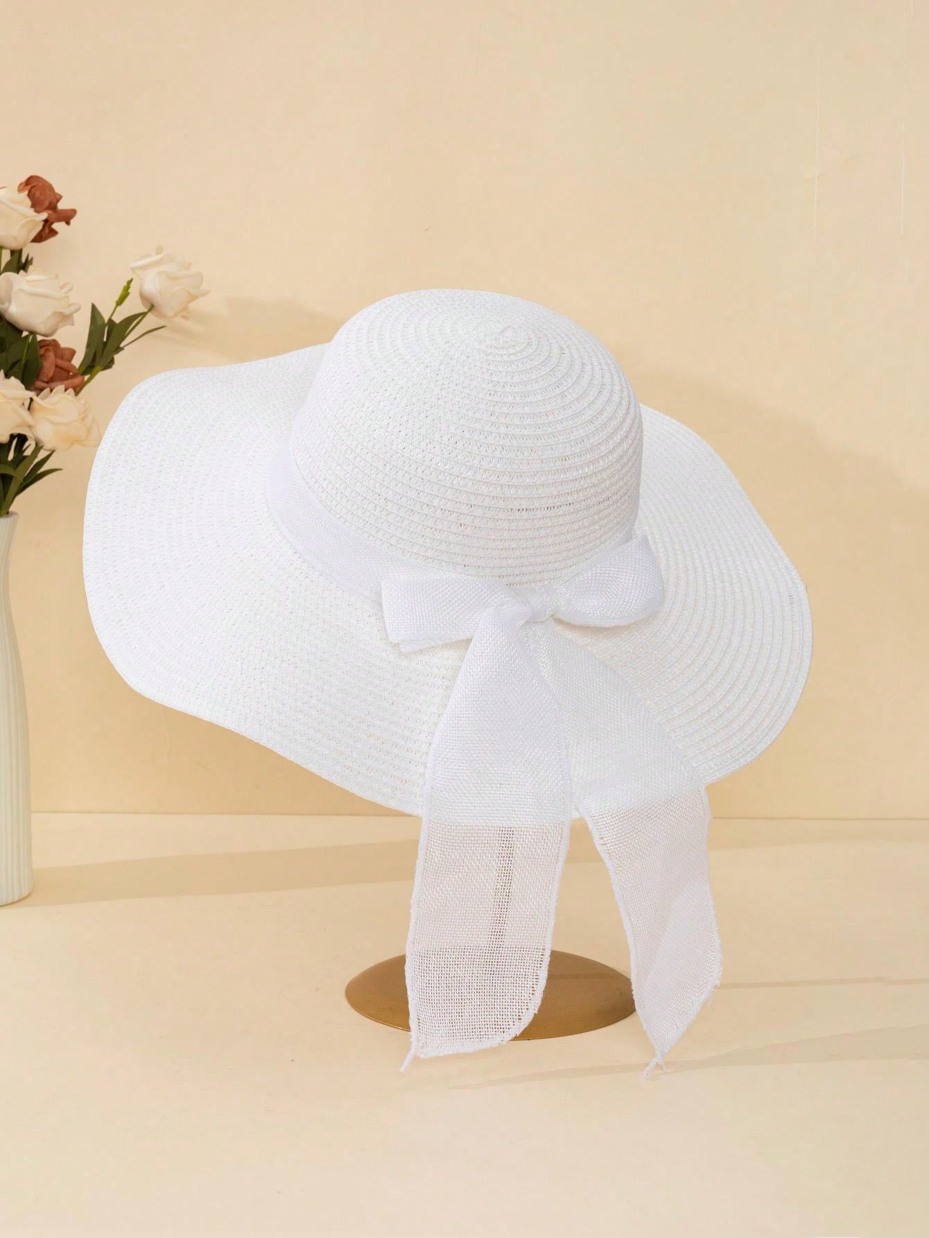 قبعة صيفية بيضاء للنساء بموجات ورديّة 1 قطعة، قبعة آنيقة لحماية الشمس في عطلة الشاطئ بعقدة مزيّنة