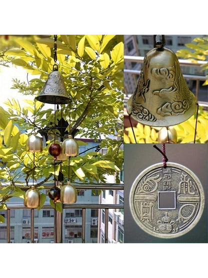 جرس الرياح الحظ السعيد من النحاس على شكل تنين و6 جراس، جرس رياح معلق للمنزل والحديقة، مزين بالحظ الجيد وفن الحديقة