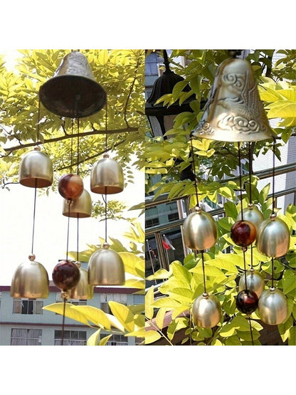 جرس الرياح الحظ السعيد من النحاس على شكل تنين و6 جراس، جرس رياح معلق للمنزل والحديقة، مزين بالحظ الجيد وفن الحديقة
