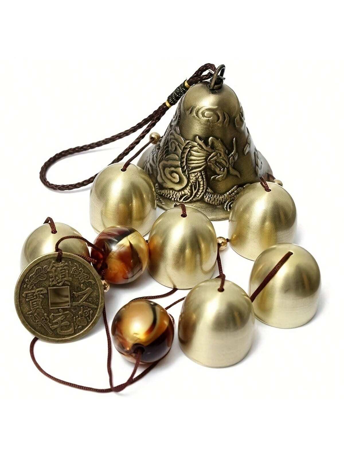 جرس الرياح الحظ السعيد من النحاس على شكل تنين و6 جراس، جرس رياح معلق للمنزل والحديقة، مزين بالحظ الجيد وفن الحديقة