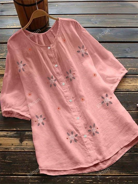 قميص نسائي بأزرار ذو ياقة دائرية مطرزة