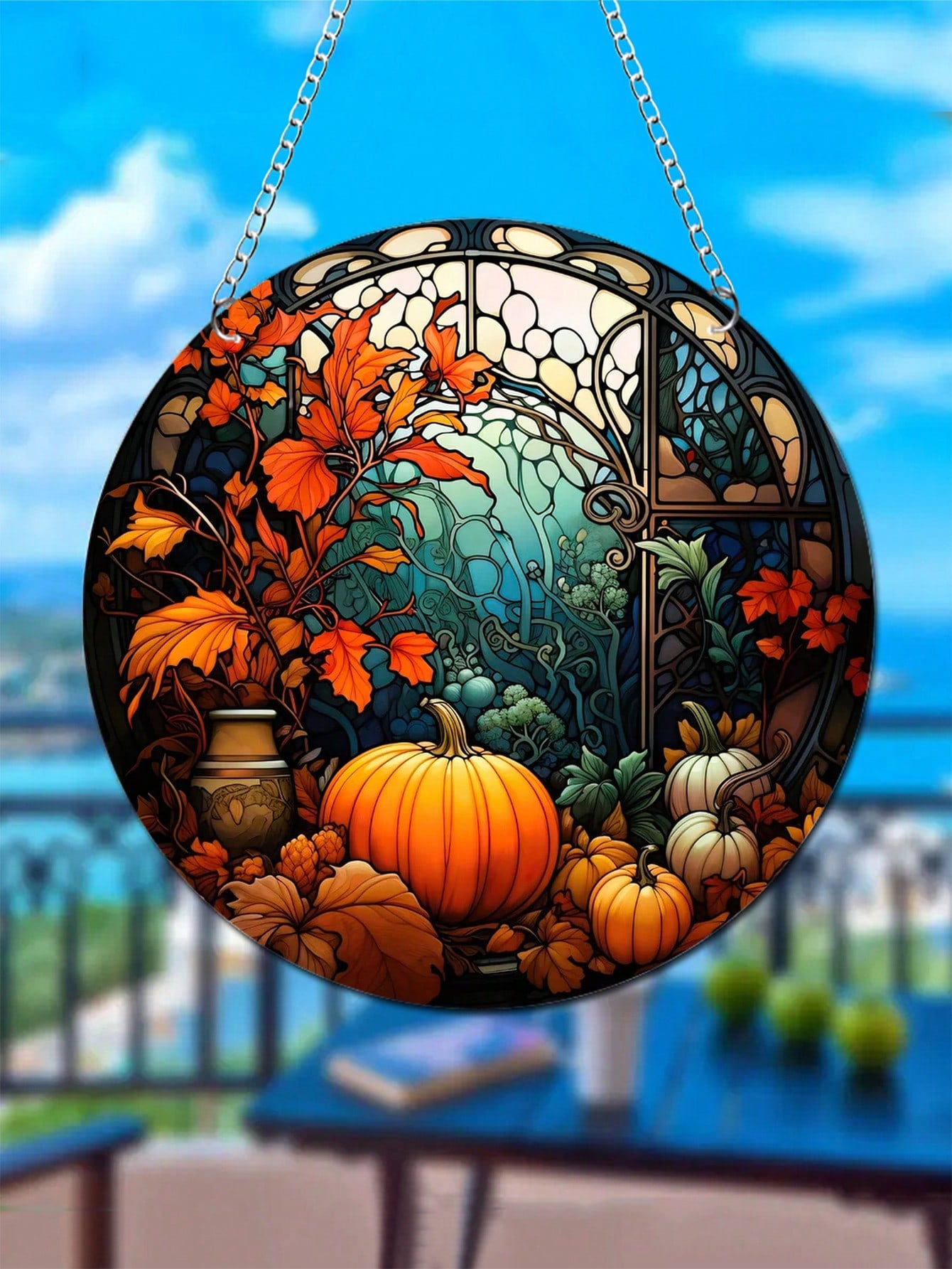 تعليقات نافذة الخريف الدائرية الزجاجية بيبين عليها طبعات اليقطين 5.9بوصة قطعة واحدة لتزيين النوافذ خلال فصل الخريف ومناسبة للتعليق على الباب والنافذة والجدار وتزيين حفل  في المنزل