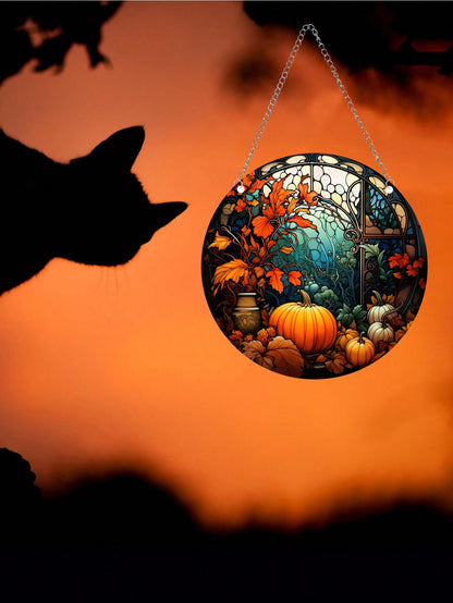 تعليقات نافذة الخريف الدائرية الزجاجية بيبين عليها طبعات اليقطين 5.9بوصة قطعة واحدة لتزيين النوافذ خلال فصل الخريف ومناسبة للتعليق على الباب والنافذة والجدار وتزيين حفل  في المنزل
