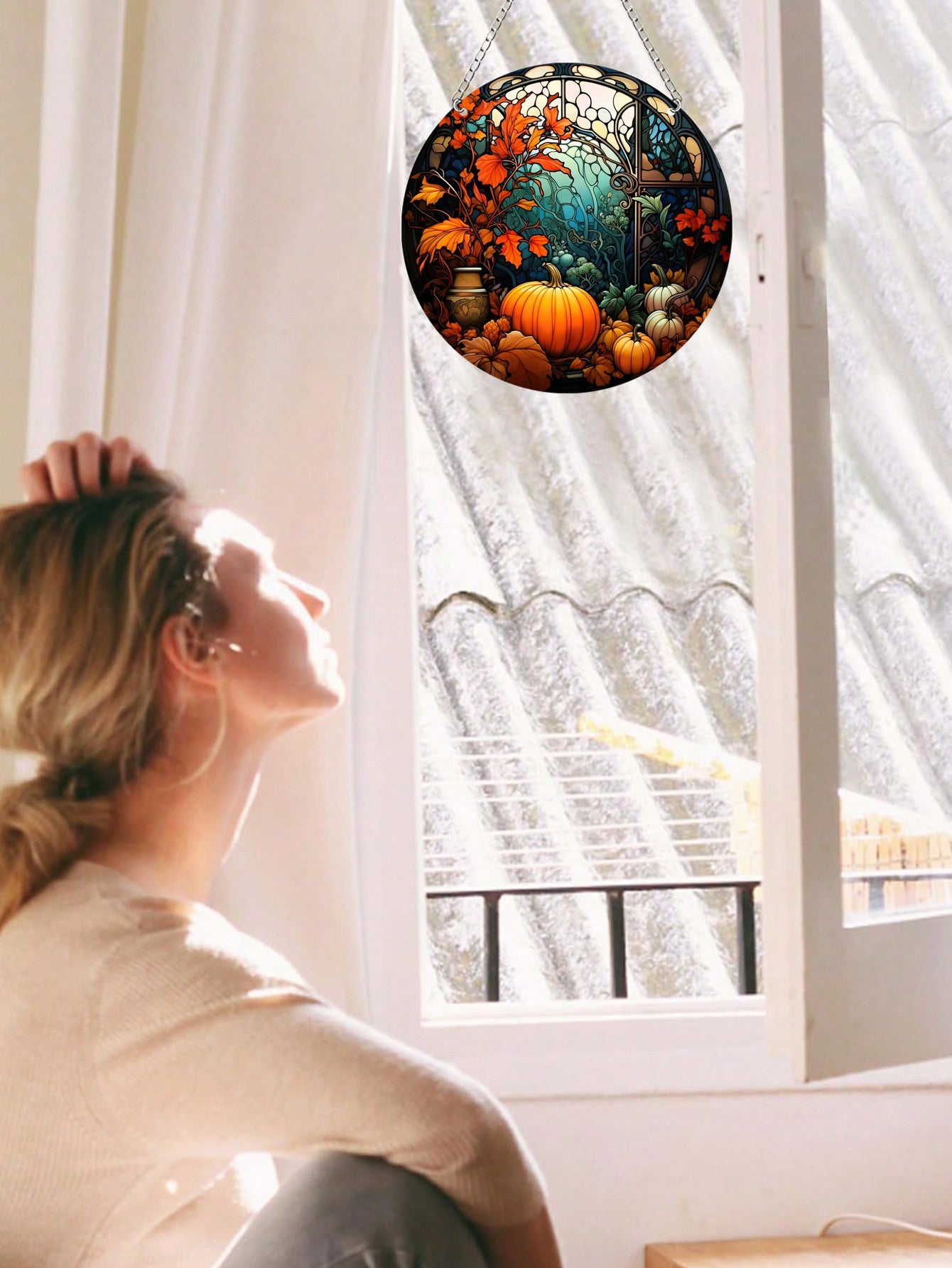 تعليقات نافذة الخريف الدائرية الزجاجية بيبين عليها طبعات اليقطين 5.9بوصة قطعة واحدة لتزيين النوافذ خلال فصل الخريف ومناسبة للتعليق على الباب والنافذة والجدار وتزيين حفل  في المنزل