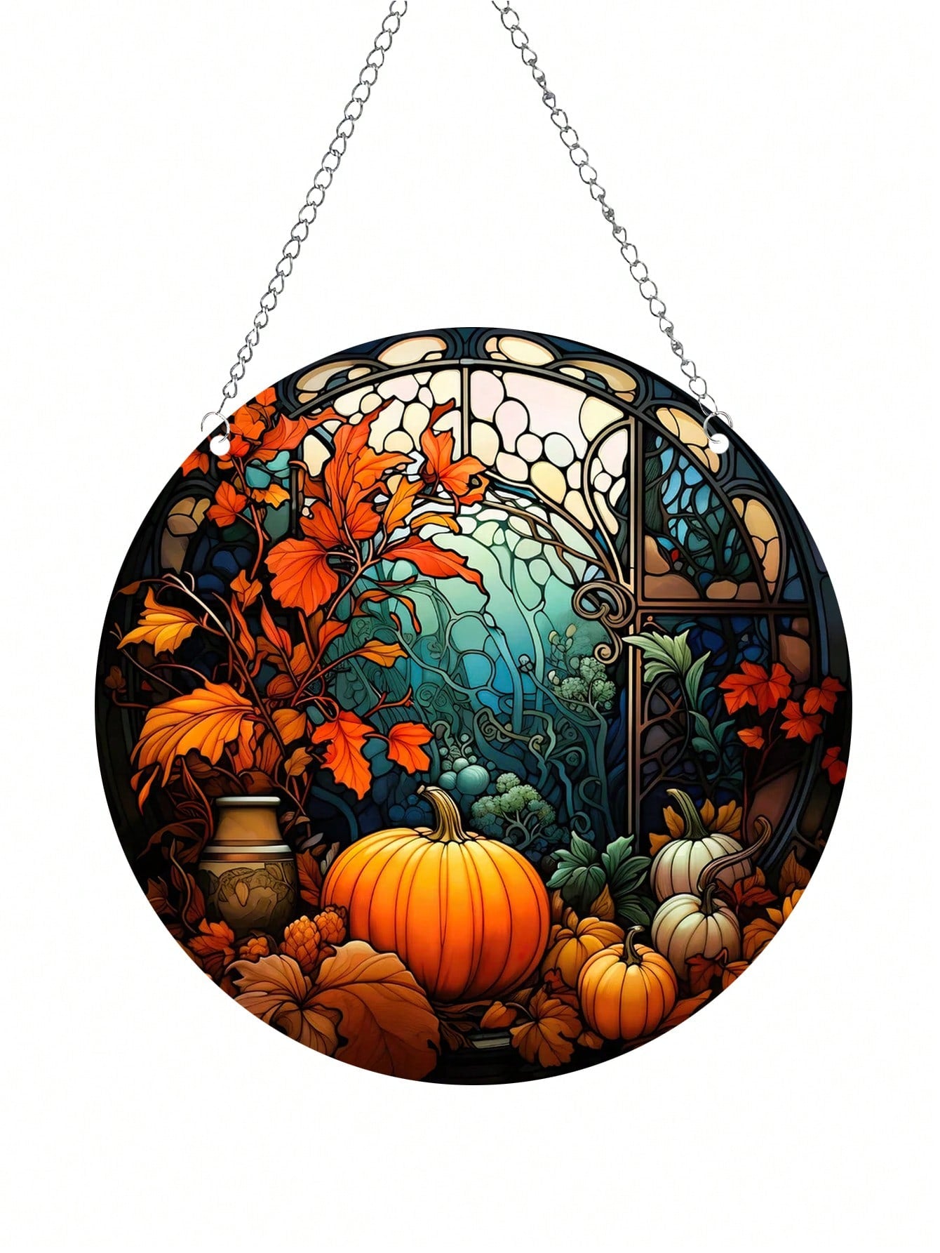 تعليقات نافذة الخريف الدائرية الزجاجية بيبين عليها طبعات اليقطين 5.9بوصة قطعة واحدة لتزيين النوافذ خلال فصل الخريف ومناسبة للتعليق على الباب والنافذة والجدار وتزيين حفل  في المنزل