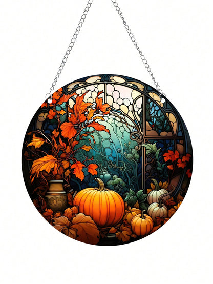 تعليقات نافذة الخريف الدائرية الزجاجية بيبين عليها طبعات اليقطين 5.9بوصة قطعة واحدة لتزيين النوافذ خلال فصل الخريف ومناسبة للتعليق على الباب والنافذة والجدار وتزيين حفل  في المنزل