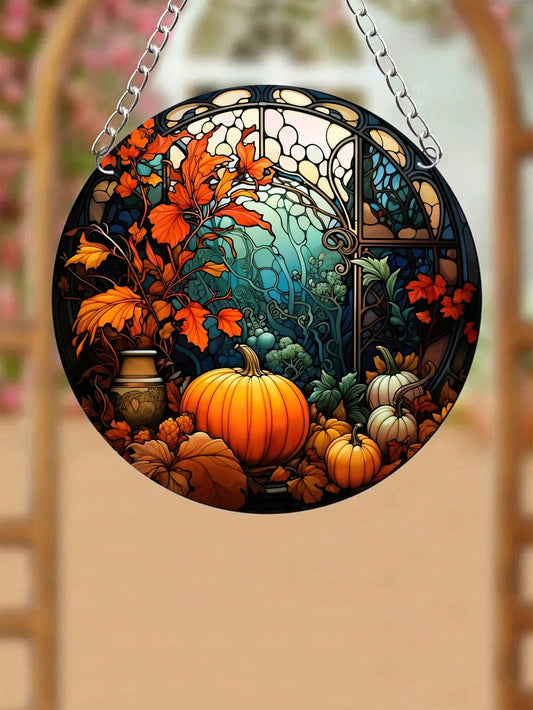 تعليقات نافذة الخريف الدائرية الزجاجية بيبين عليها طبعات اليقطين 5.9بوصة قطعة واحدة لتزيين النوافذ خلال فصل الخريف ومناسبة للتعليق على الباب والنافذة والجدار وتزيين حفل  في المنزل