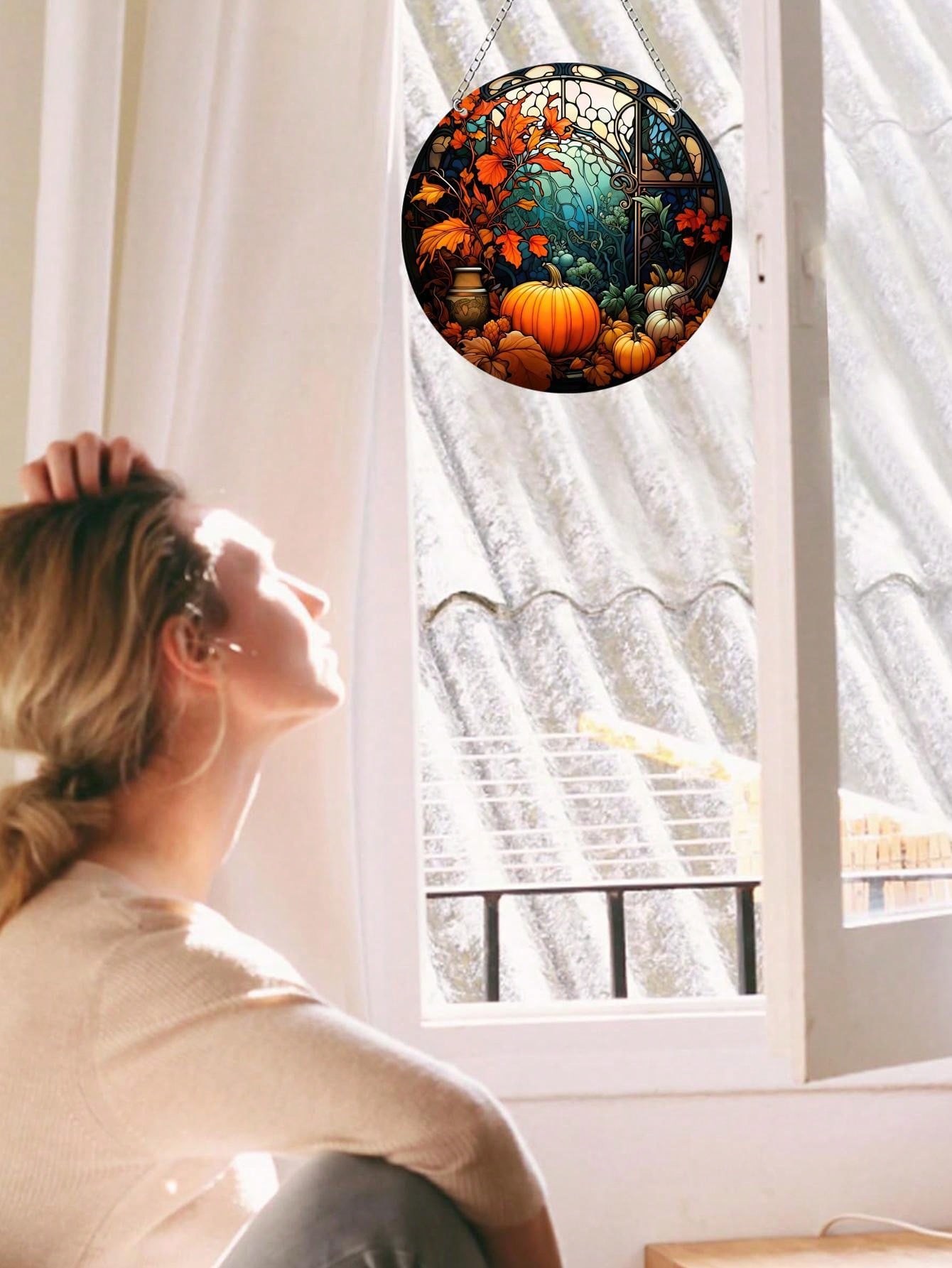 تعليقات نافذة الخريف الدائرية الزجاجية بيبين عليها طبعات اليقطين 5.9بوصة قطعة واحدة لتزيين النوافذ خلال فصل الخريف ومناسبة للتعليق على الباب والنافذة والجدار وتزيين حفل  في المنزل