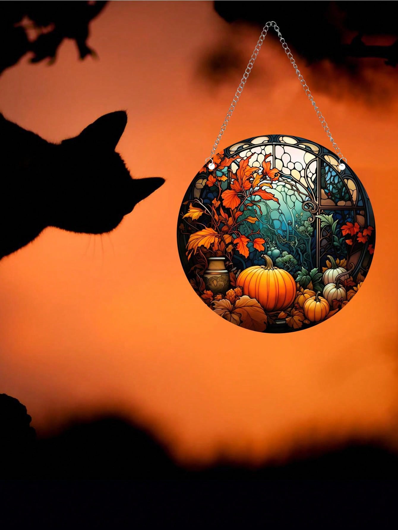 تعليقات نافذة الخريف الدائرية الزجاجية بيبين عليها طبعات اليقطين 5.9بوصة قطعة واحدة لتزيين النوافذ خلال فصل الخريف ومناسبة للتعليق على الباب والنافذة والجدار وتزيين حفل  في المنزل