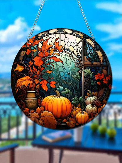 تعليقات نافذة الخريف الدائرية الزجاجية بيبين عليها طبعات اليقطين 5.9بوصة قطعة واحدة لتزيين النوافذ خلال فصل الخريف ومناسبة للتعليق على الباب والنافذة والجدار وتزيين حفل  في المنزل