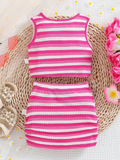 مجموعة قميص بلا أكمام مخطط وتنورة رائعة للفتيات الرضع من نمط شوارع الصيف