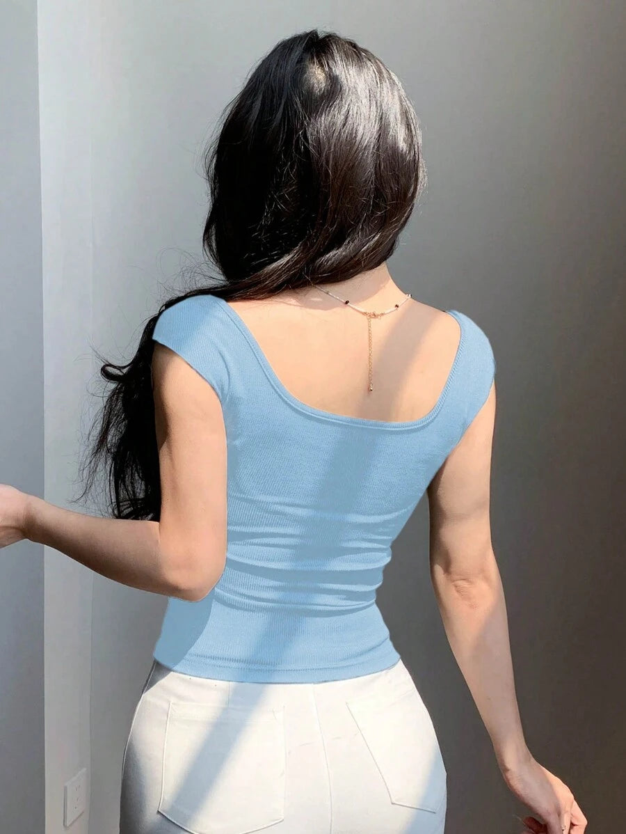 تي شيرت نسائي قصير الأكمام ضيق مع رباط ربطة العنق اللاسلكية