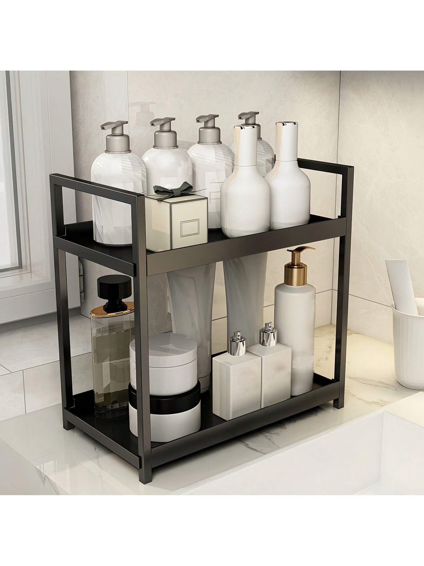 رف تخزين مزدوج الطبقة للحمام - قابل للوضع على الرف الفضائي و تنظيم أدوات التجميل والمكياج - حامل لتنظيم التوابل في المطبخ