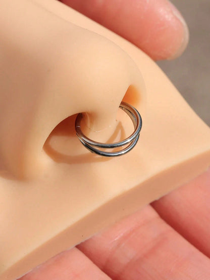 حلق أنف معدني مزدوج الخطوط من الفولاذ المقاوم للصدأ، حلق حفرة الأنف الوجه الشفة والأذن